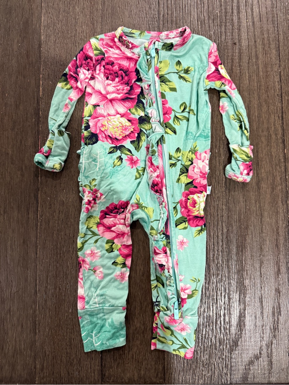 Posh Peanut Mint Floral Zippered One-Piece Bodysuit with Pink Blooms